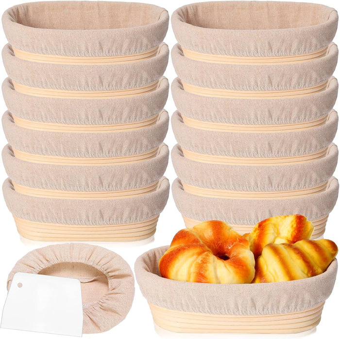 Gejoy 12 Set Bread Proofing Baskets Oval Shaped Banneton Dough Proofing Bowls Kit with Cloth Liner and Plastic Scraper Sourdough Proofing Basket for Home Sourdough Bakers Supplies (10 Inch)