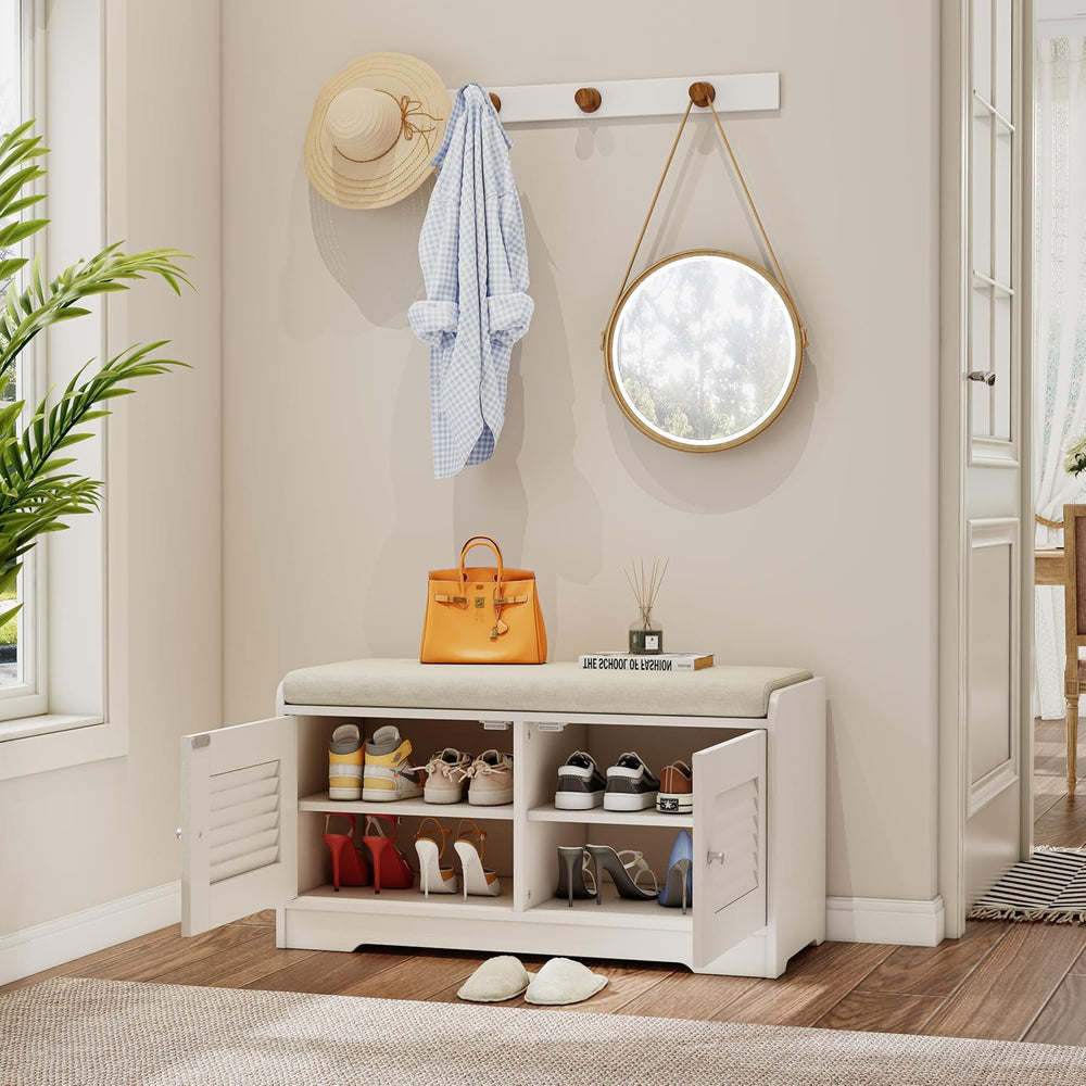 SOFTSEA Shoe Storage Bench with Cushion, 28.7" Entryway Bench with 2 Doo...