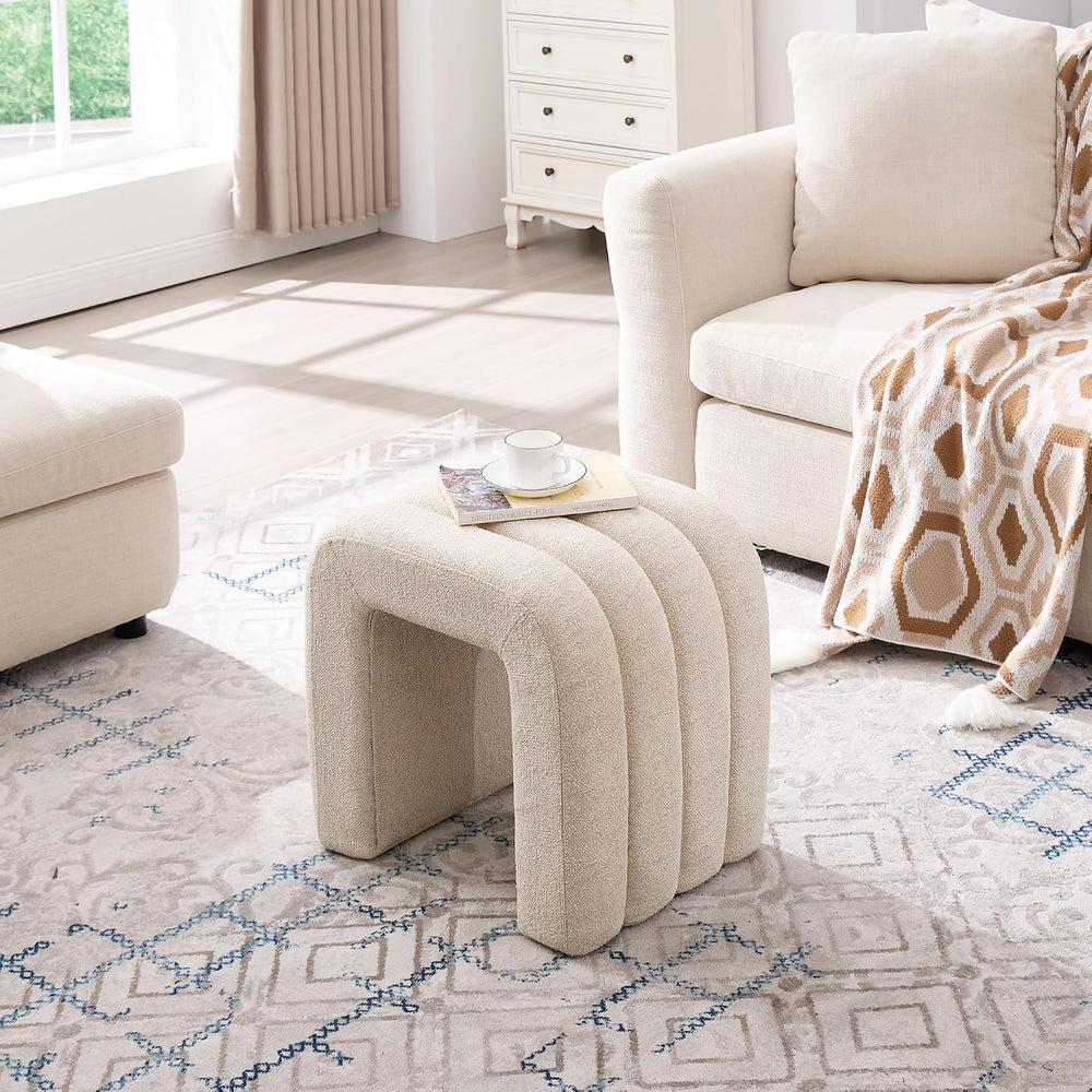 Beige Linen Ottoman Stool, Small Vanity Stool