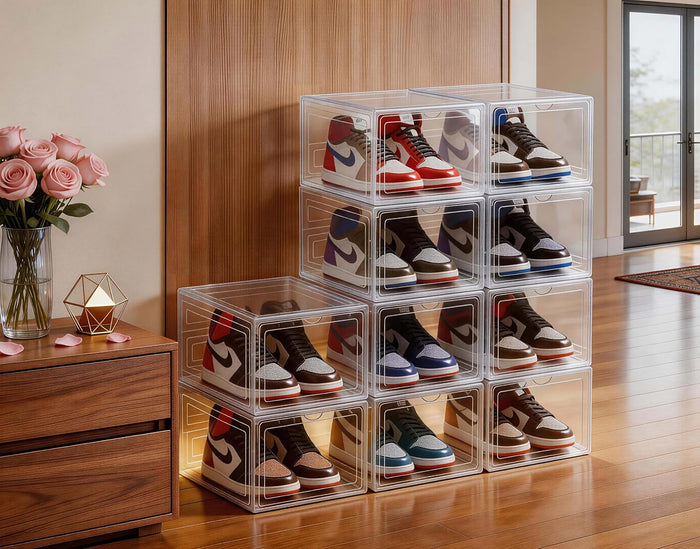 10 Pack Clear Shoe Storage Boxes Stackable, Plastic Shoe Boxes with Lids, Sneaker Storage, Transparent, Thick Hard, Drop Front Door, Within US Size 13, Size: 13.54”x10.63”x7.49”