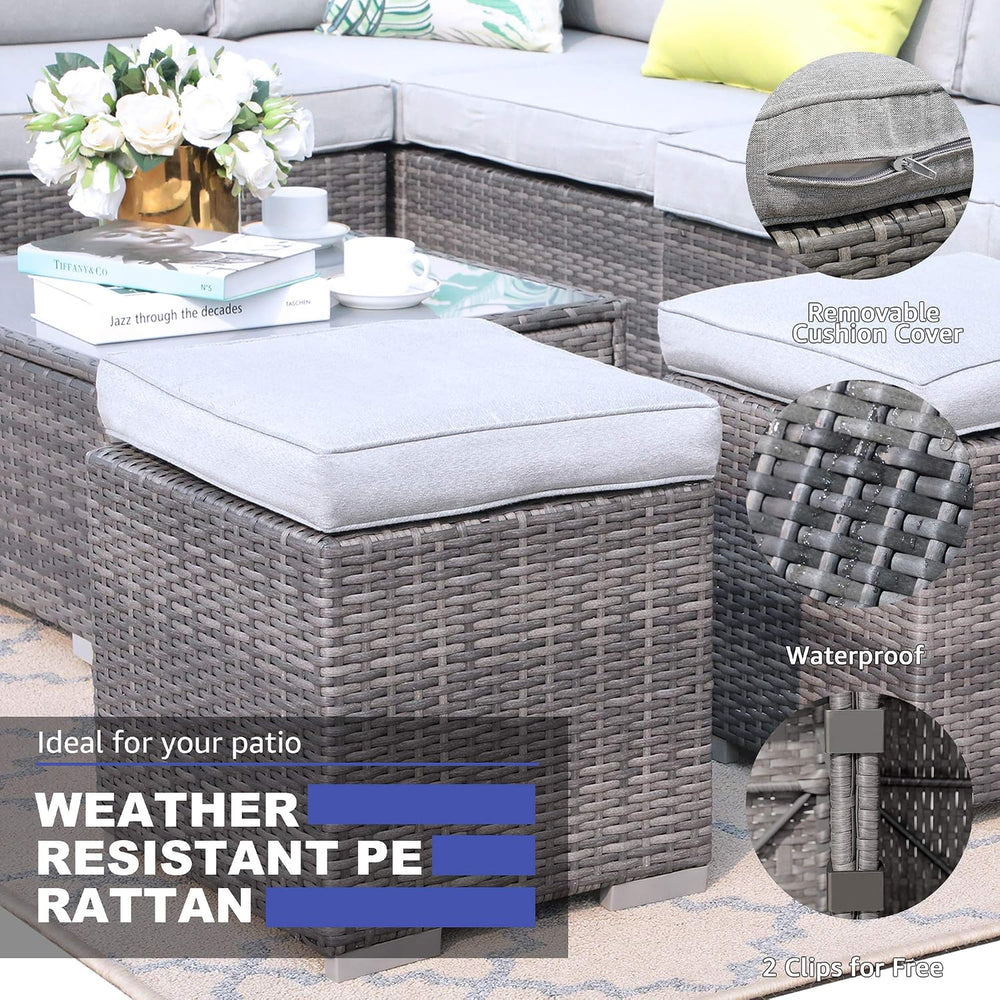 Patiorama 2 Pieces Assembled Outdoor Patio Ottoman, Grey Wicker, Light Grey