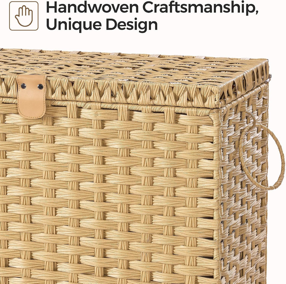 130L Wicker Laundry Hamper with Lid, 3-Section Laundry Basket
