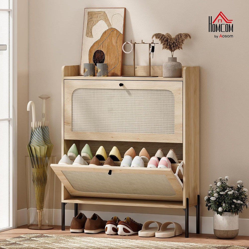HOMCOM Shoe Cabinet with 2 Flip Drawers and Rattan Doors for Hallway, Oak
