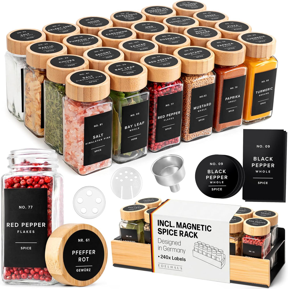 EDELHAUS Magnetic Spice Rack for Fridge with 24 Bamboo Lid Jars
