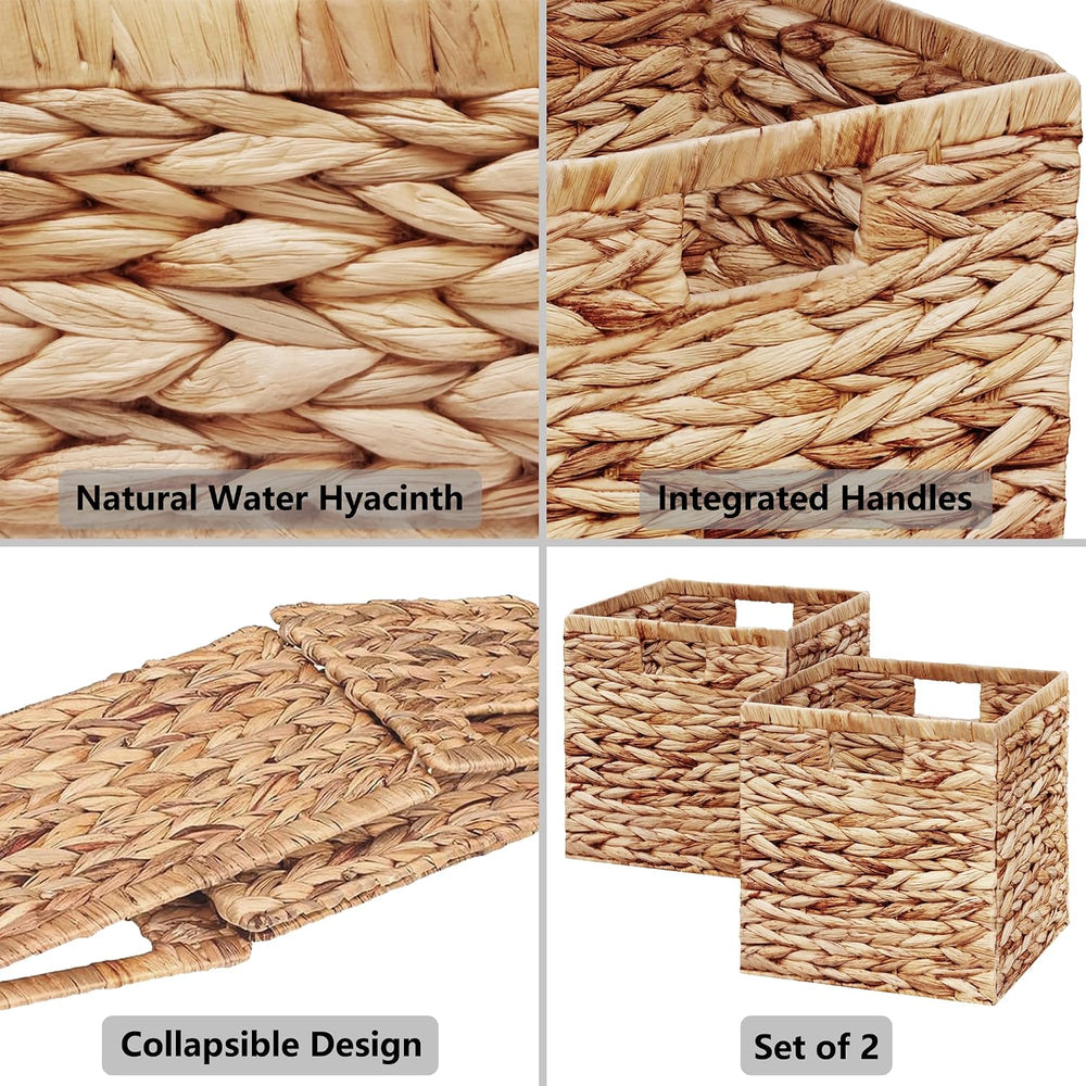 Vagusicc 11x11 Inch Water Hyacinth Storage Baskets Set of 2, Foldable Handwov...