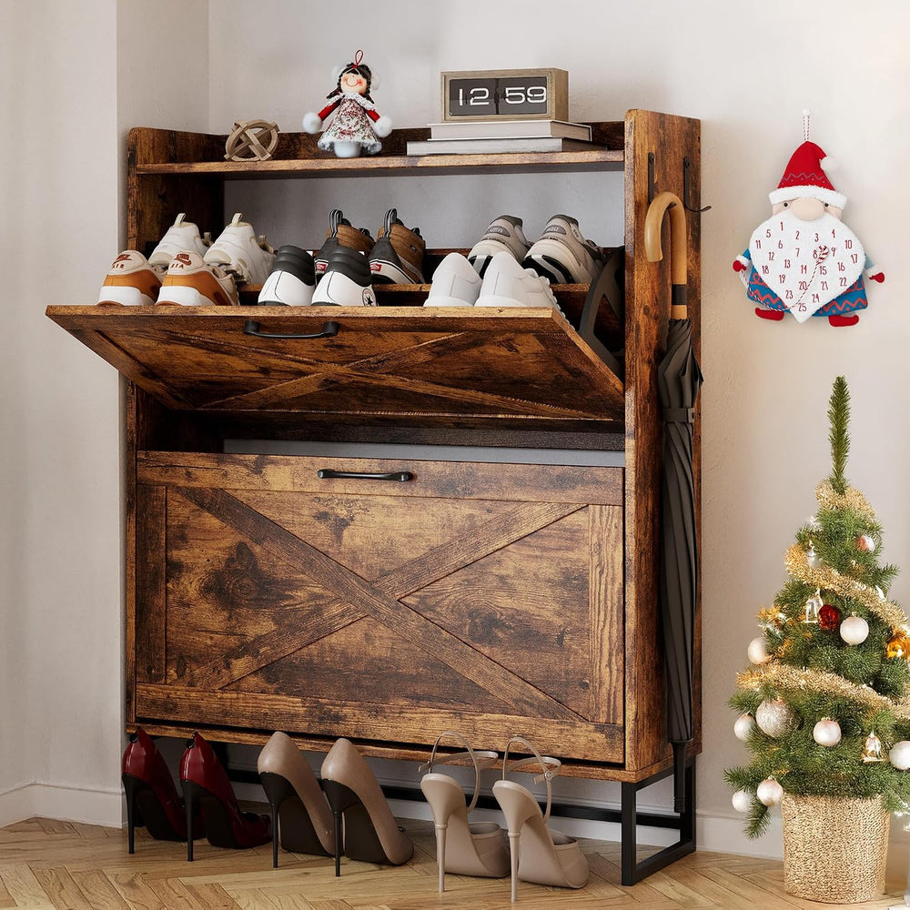 NUNU LAB Farmhouse Shoe Cabinet Storage for Entryway with 2 Flip Drawers &...