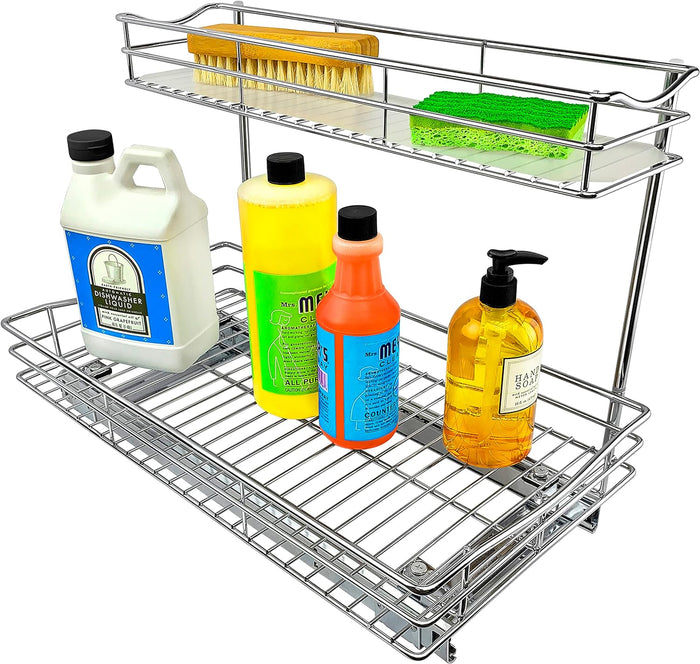 LYNK PROFESSIONAL® Pull Out Under Sink Kitchen Cabinet Organizer - 11.5 in. x 18 inch deep Drawer - Sliding Shelf Organizer for Cabinets and Undersink Storage Shelves - Lifetime Ltd. Warranty – Chrome