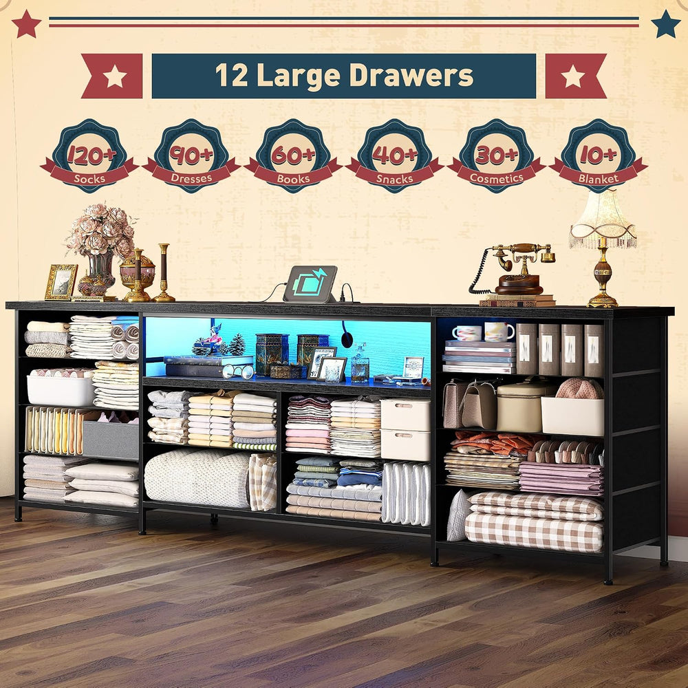 Romorgniz 63" W Dresser for Bedroom, Long Dresser with 12 Fabric Drawers
