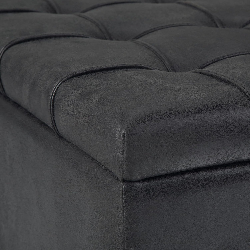 SIMPLIHOME Harrison 36" Vegan Leather Ottoman in Distressed Graphite Black