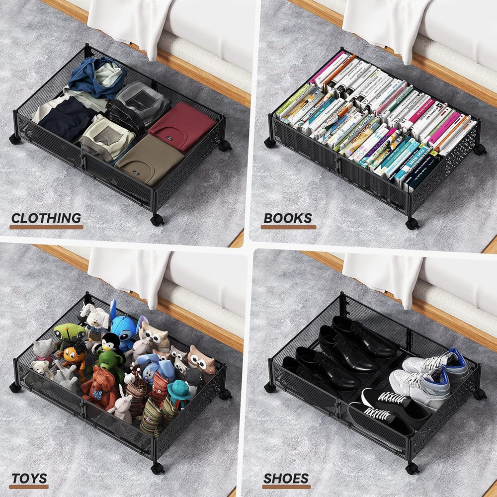 PHINOX Under Bed Storage with Wheels,Patterned,Sturdy Metal,4 Pack,Black