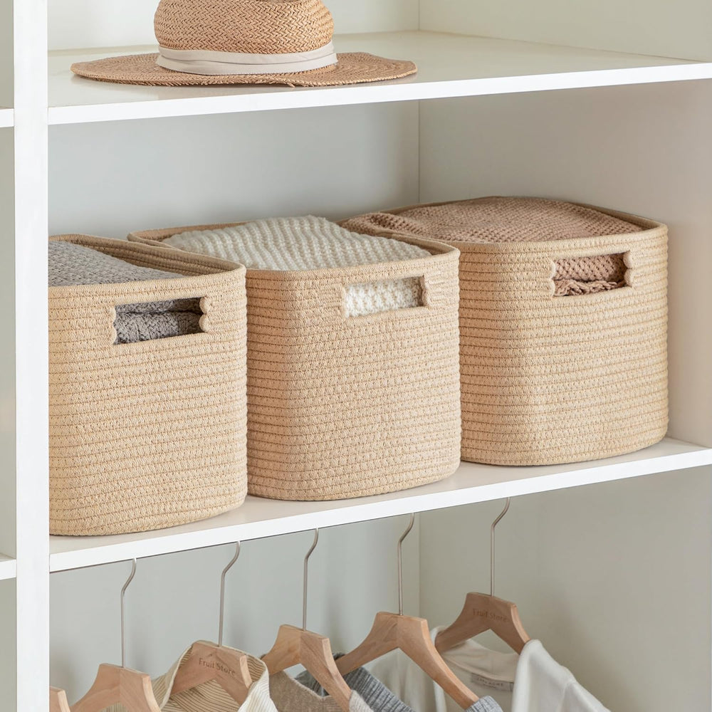 4 Pack Storage Baskets for Organizing, Shelf Baskets with Handles, Brown