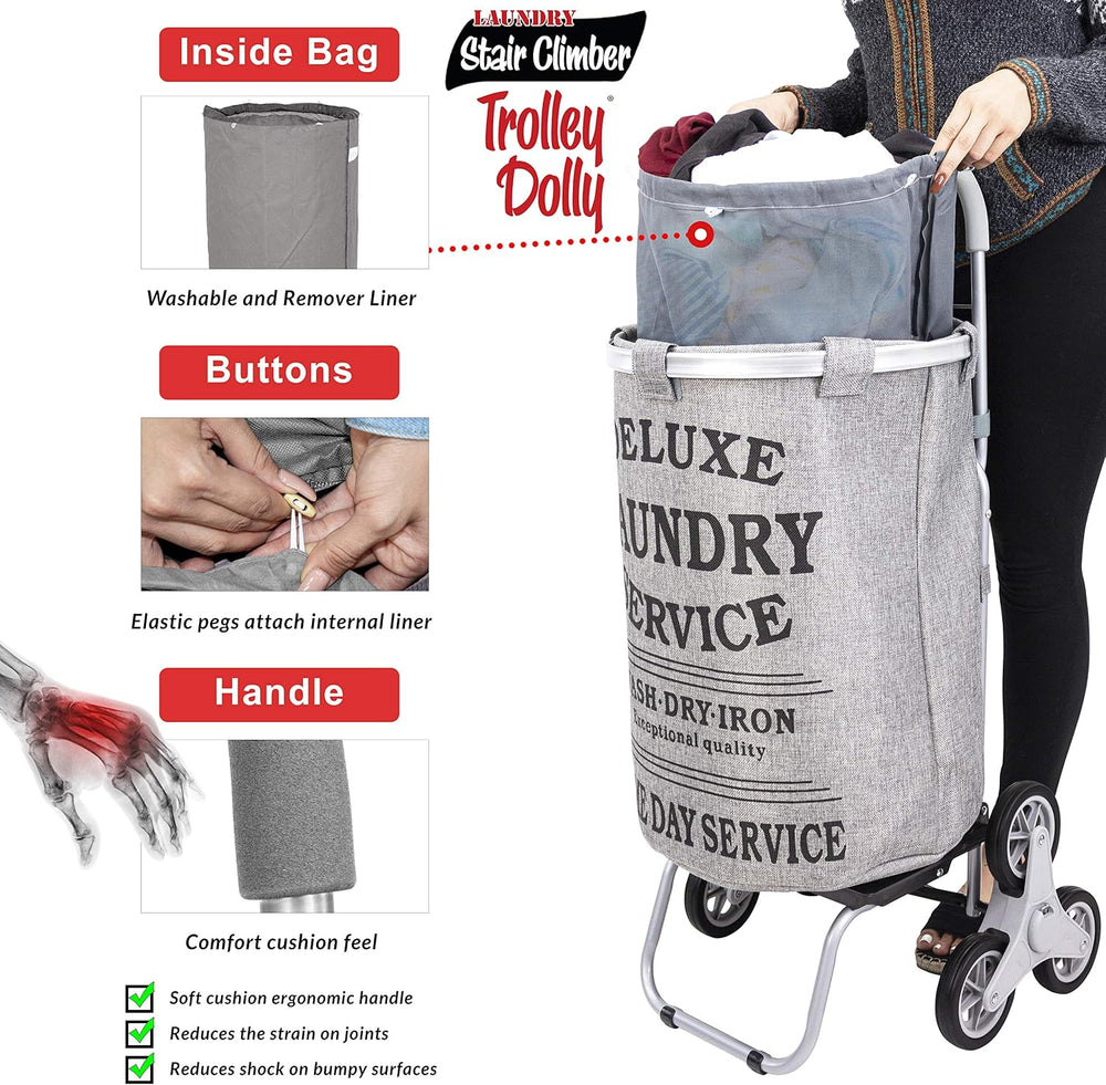 dbest products Stair Climber Laundry Trolley Dolly, Grey Laundry Bag Hamper B...