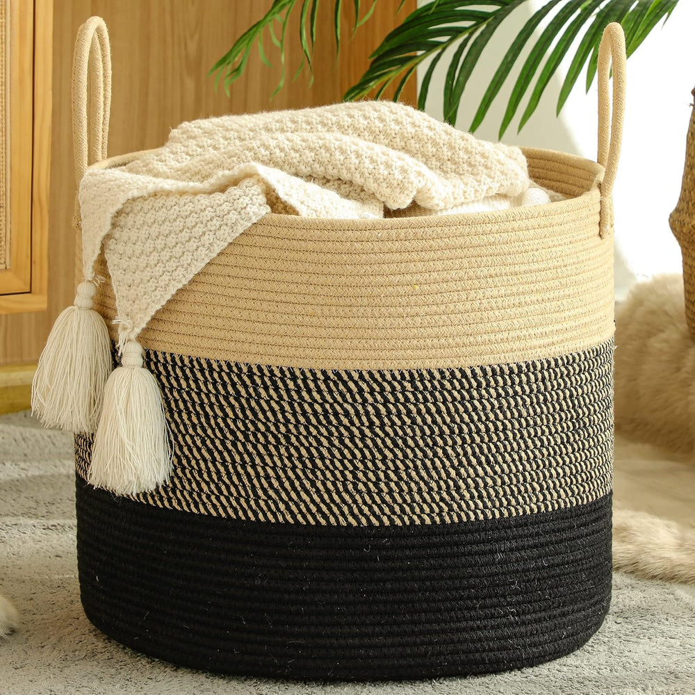 KAKAMAY Woven Cotton Rope Basket, Large Round Storage Basket, Foldable Laundr...