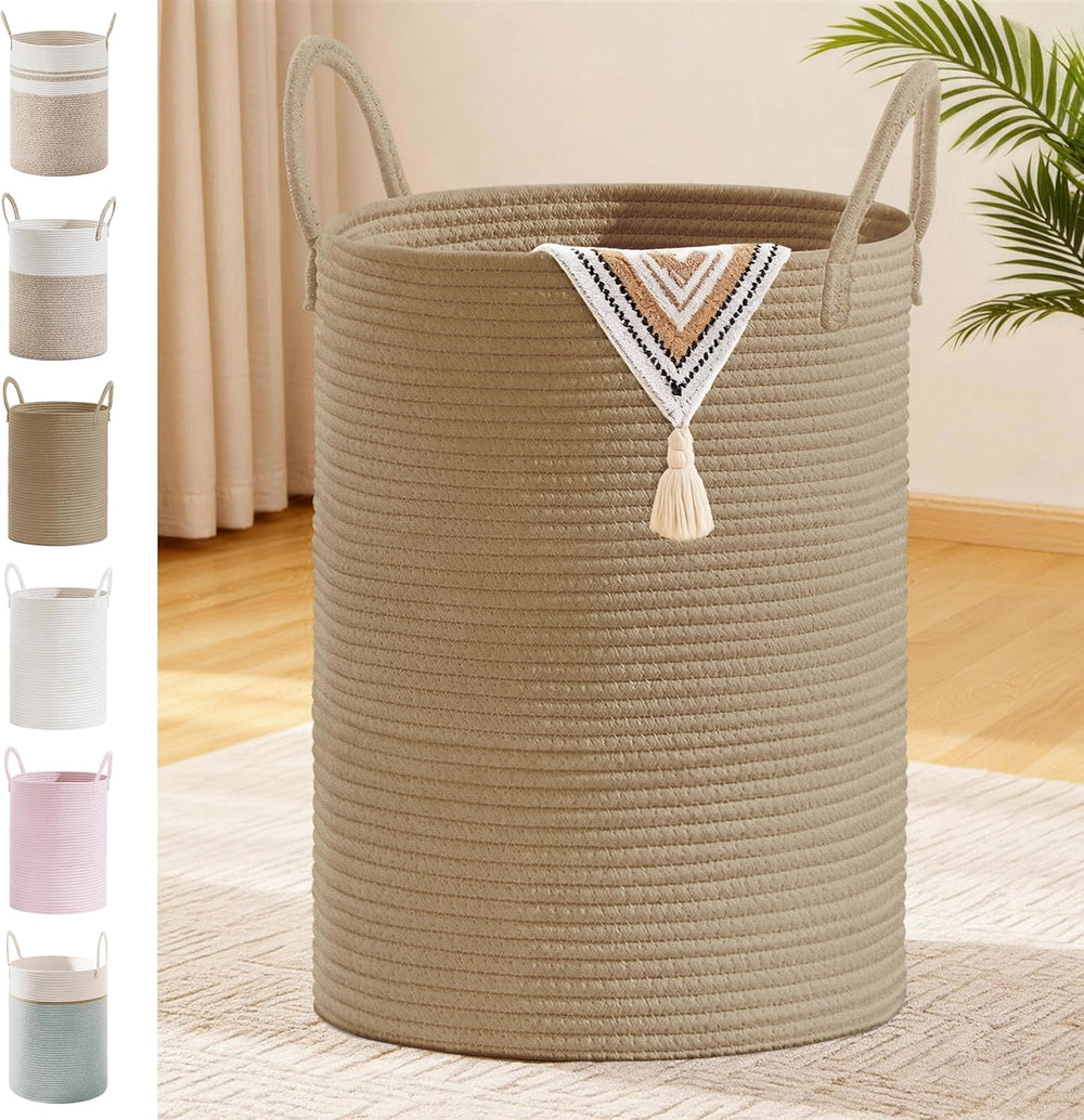 100L Extra Large Tall Cotton Rope Laundry Basket with Handles, Jute
