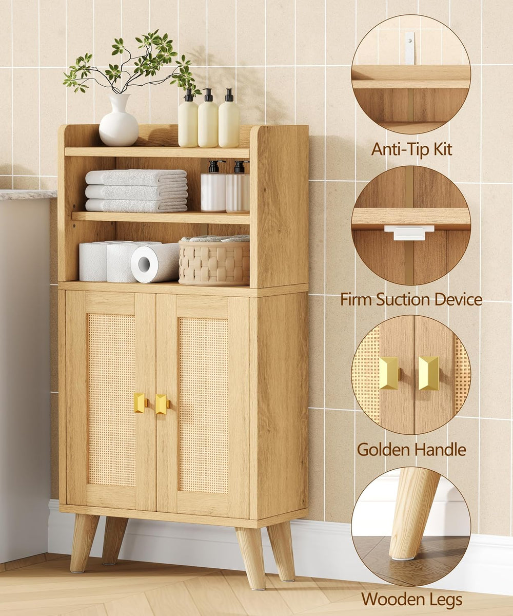 Akxomel Rattan Small Bathroom Storage Cabinet with Open Shelf 2 Doors Oak