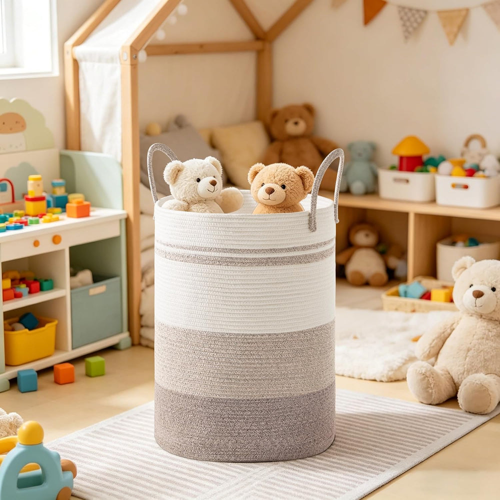 100L Extra Large Tall Cotton Rope Laundry Basket with Handle, Brown Striped