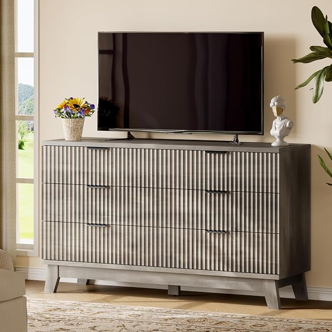 Fluted Dresser with 6 Drawers, Wooden Dresser TV Stand, Wood Closet Clothes - Image 7