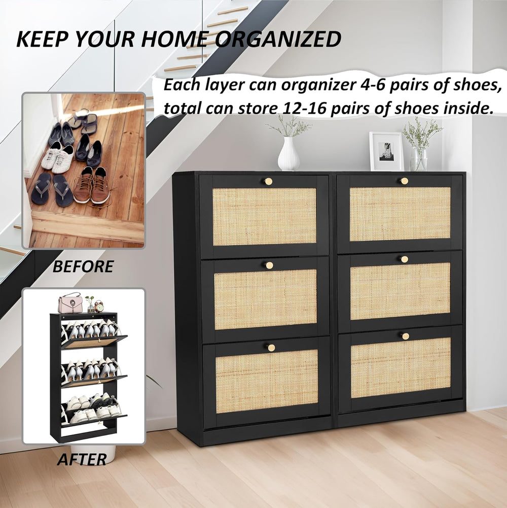 Finnhomy 3 Tier Shoe Cabinet with Natural Rattan Flip Drawers for Entryway, F...