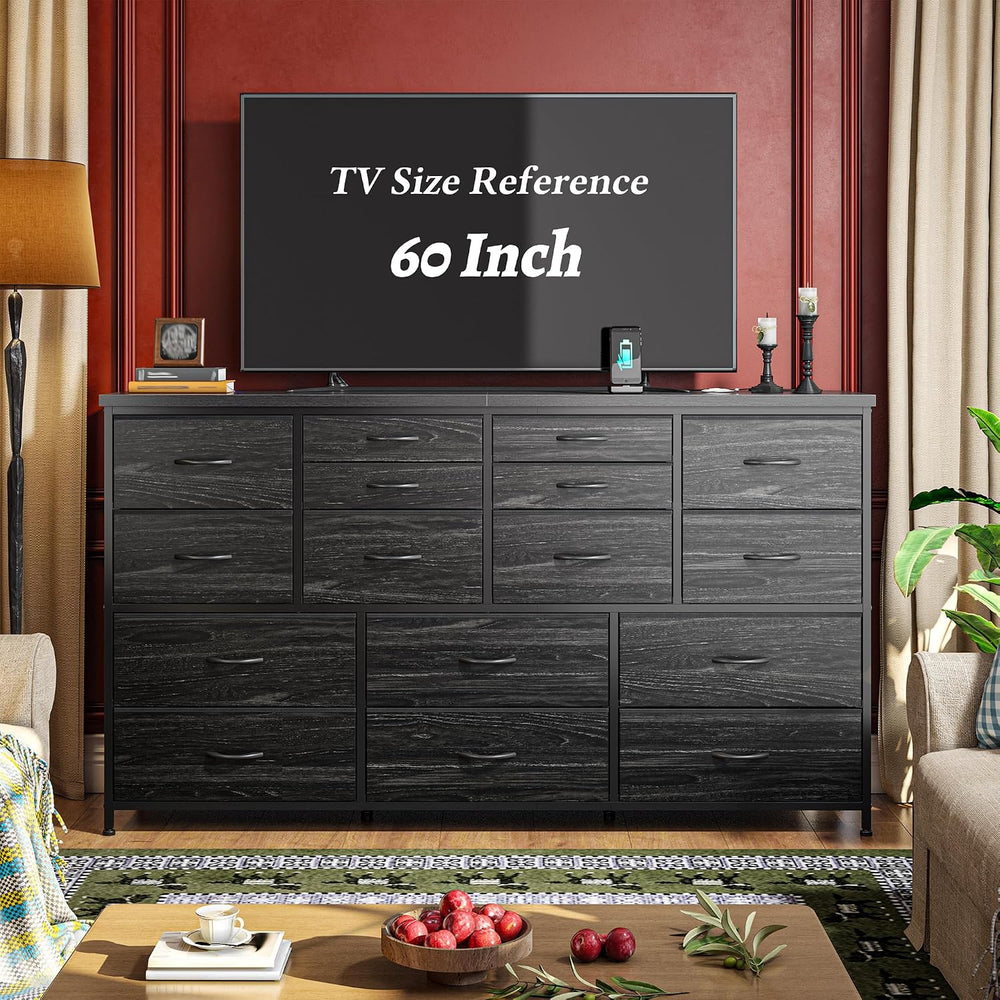 Romorgniz Long Dresser with 16 Fabric Drawers, TV Stand & Charging Station
