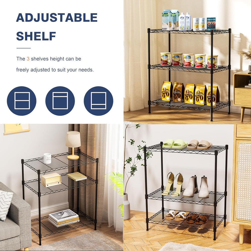3-Tier Wire Shelf Rack,Wire Metal Shelving with Lockable Wheels,Black