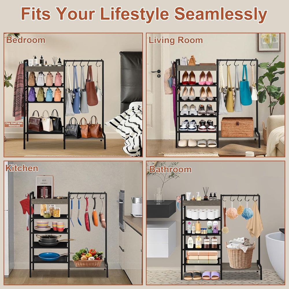 2-in-1 Shoe and Purse Rack, 5-Tier Shoe Rack with Wooden Tray & 7 Hooks, ...