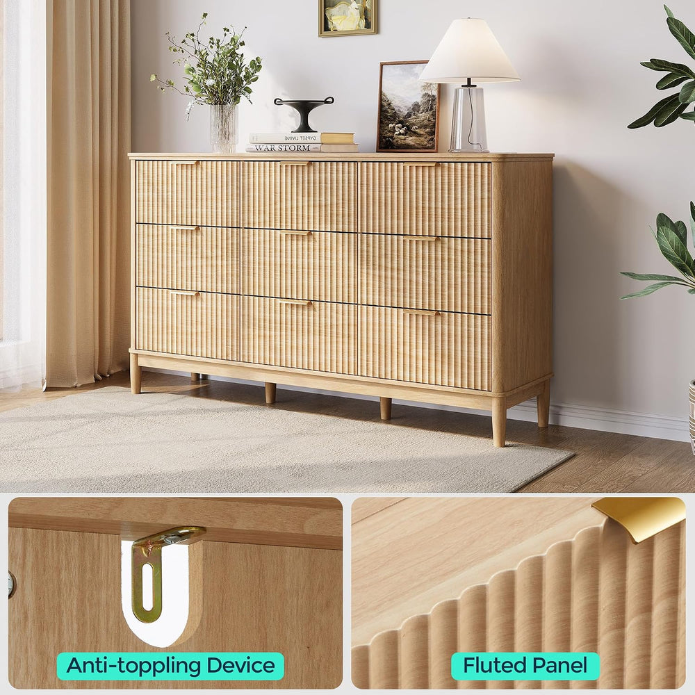 LINSY Fluted Dresser for Bedroom with 9 Drawers, Mid Century Modern Chest of ...