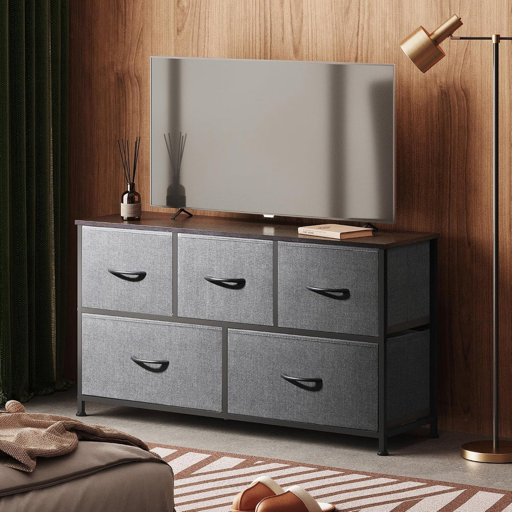 WLIVE Wide Dresser for Bedroom, 5 Drawer Chest of Drawers, Dark Grey