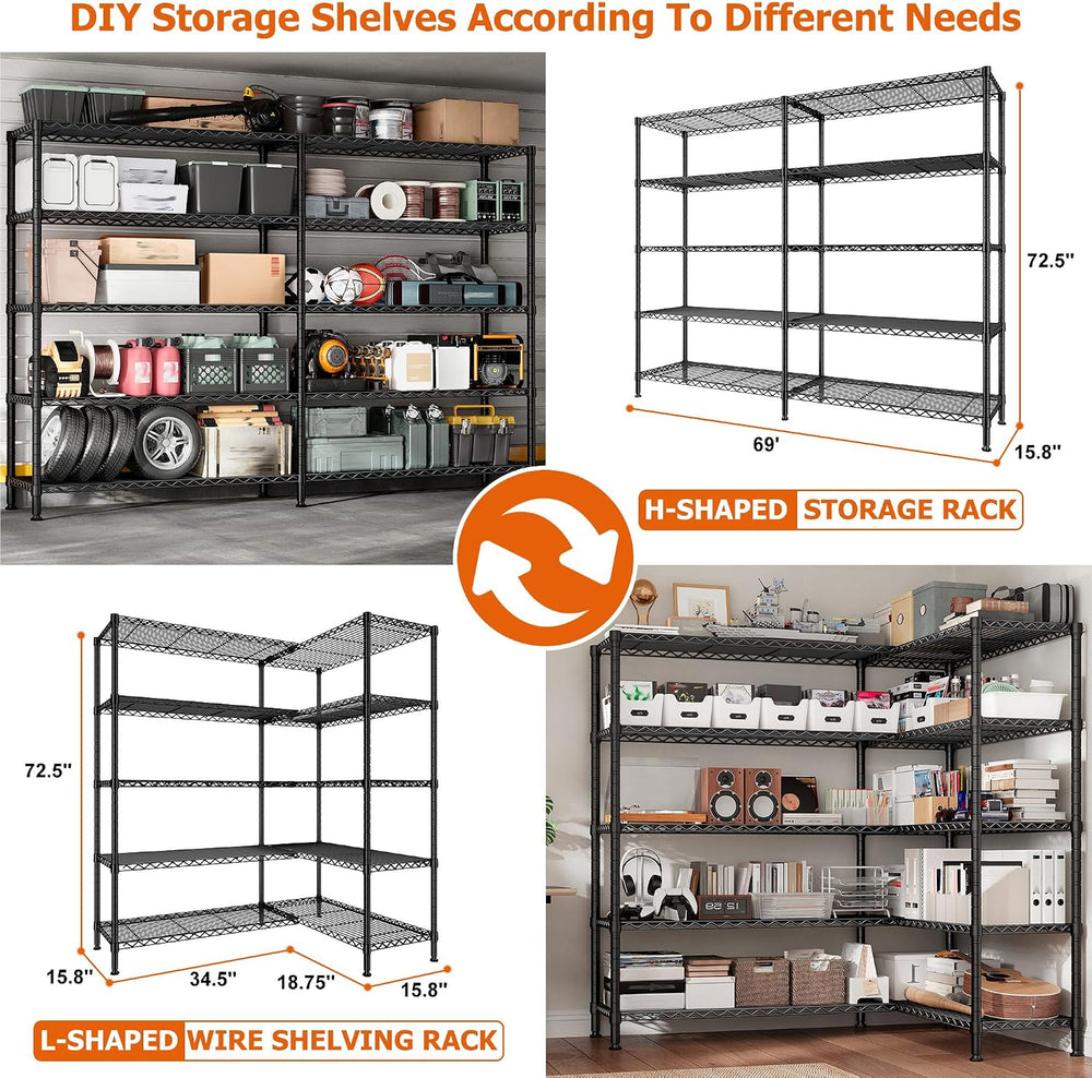 REIBII 5-Tier Heavy Duty Storage Shelving Unit, 1600LBS Wire Rack