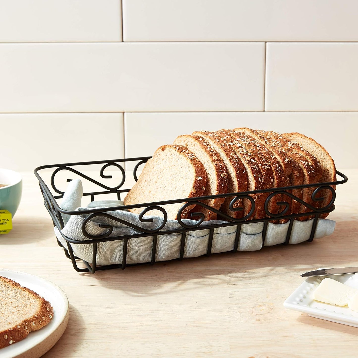 Spectrum Scroll Wire Bread Basket for Serving Breads Rolls Buns Snacks & Baked Foods, Decorative Metal Wire Dinner Roll Table Basket Kitchen Counter Organizer, Black