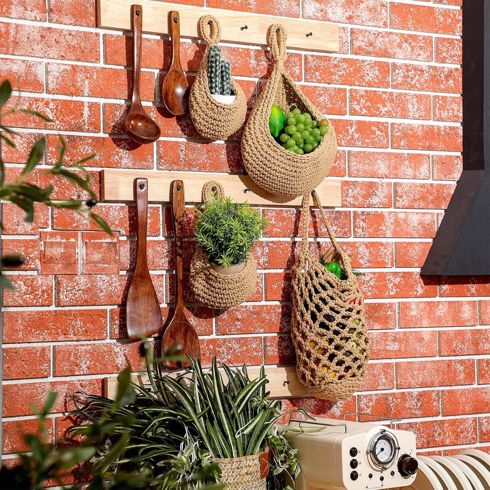 9 Pcs Jute Fruit Hanging Baskets for Kitchen, Boho Woven Wall Baskets, Produc...