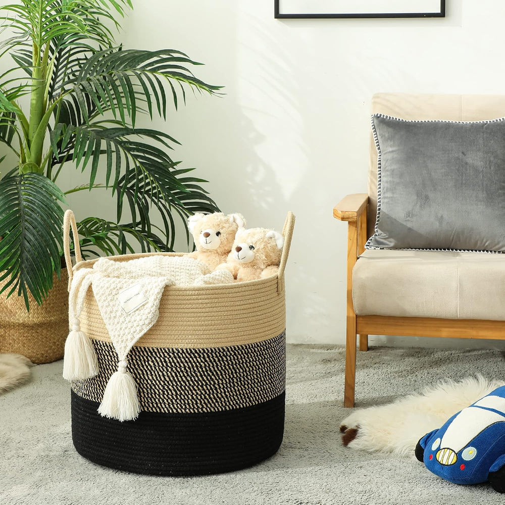 KAKAMAY Woven Cotton Rope Basket, Large Round Storage Basket, Foldable Laundr...