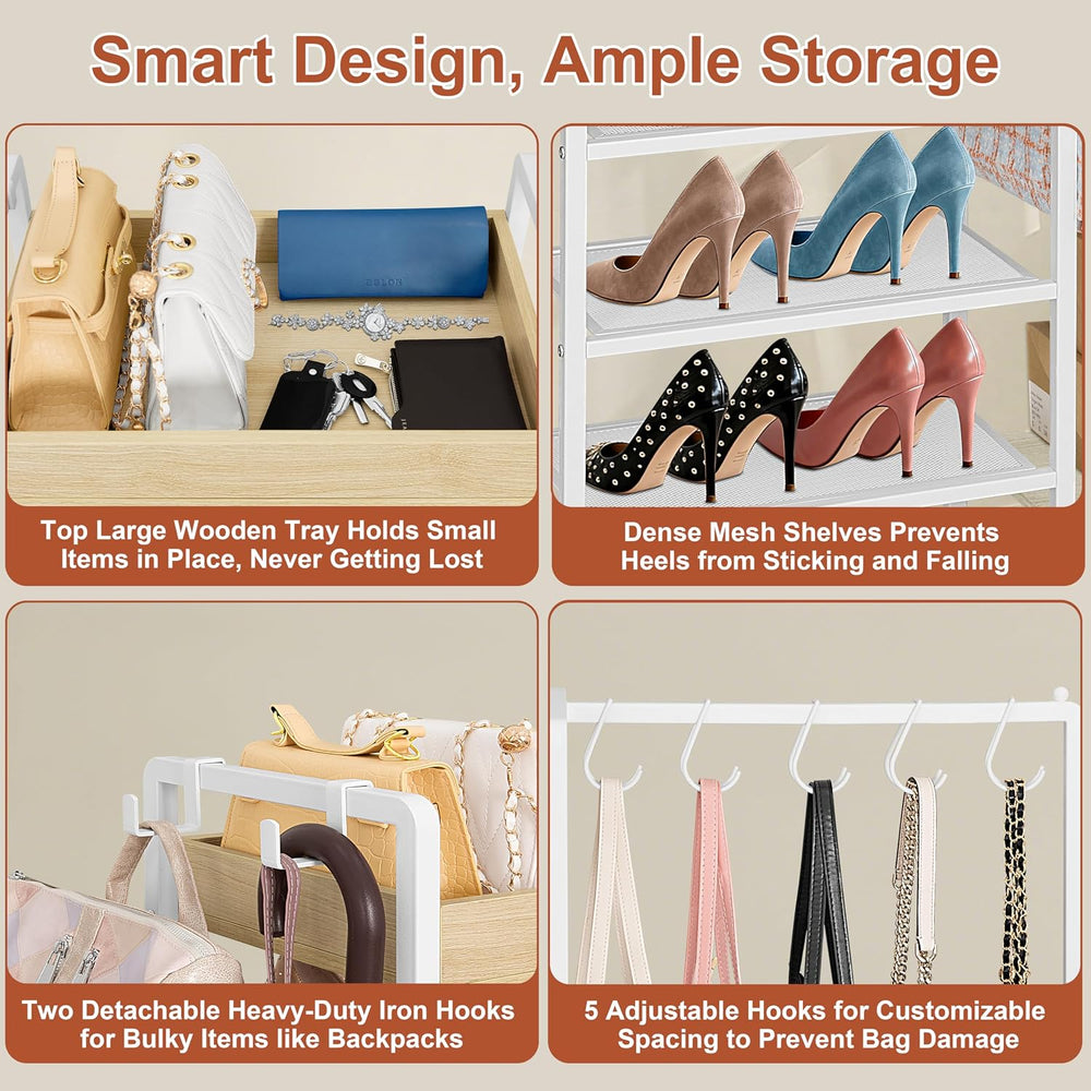 2-in-1 Shoe Rack for Closet with Purse Organizer, 5 Tier Shoes Shelf with Woo...