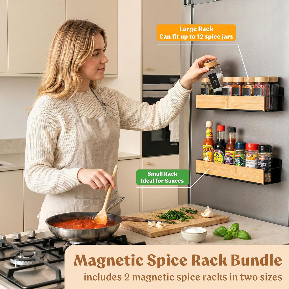 EDELHAUS Magnetic Spice Rack for Fridge with 24 Bamboo Lid Jars