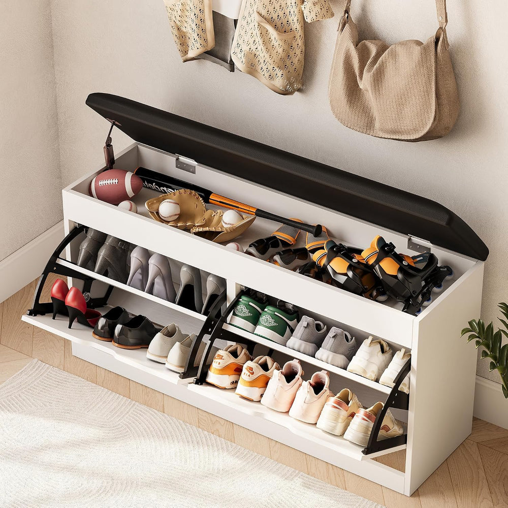 40" Shoe Storage Bench with 2 Flip Drawers & Padded Seat Cushion, Sh...