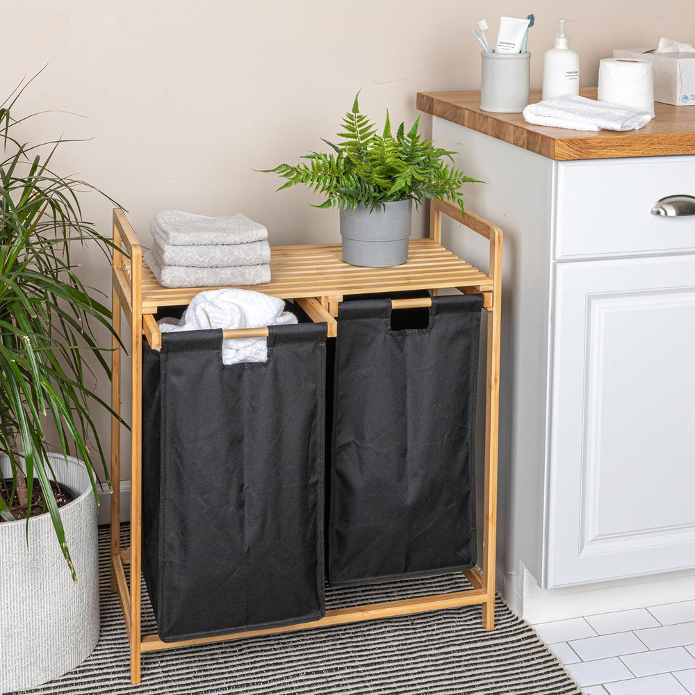 Household Essentials Bamboo Pull Out Double Hamper with Shelf, Natural and Black