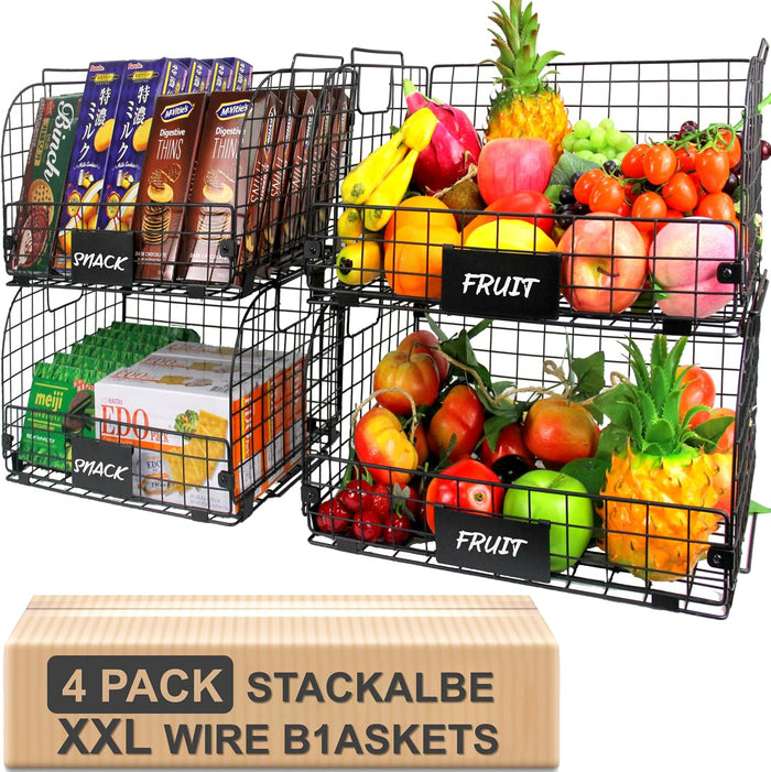 4 PACK XXL Stackable Wire Baskets for Storage Pantry,Fruit Basket For Kitchen Cabinet,16.3''x12''x8.2''Vegetable Fruit Snack Chips Onion Potato Cans Organization, pantry organizers and storage