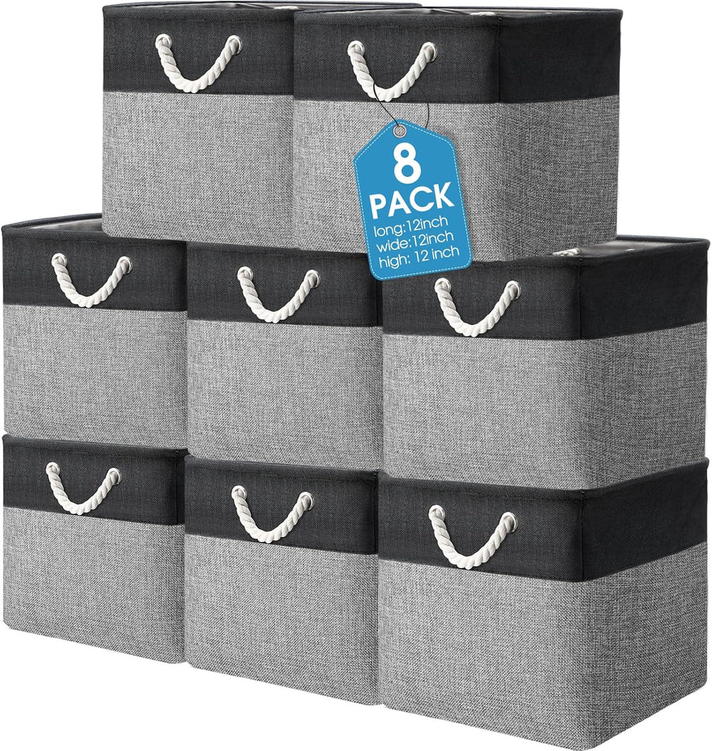 meekoo 8 Pack Fabric Storage Bins Baskets, 12 x 12 x 12in, Black Gray