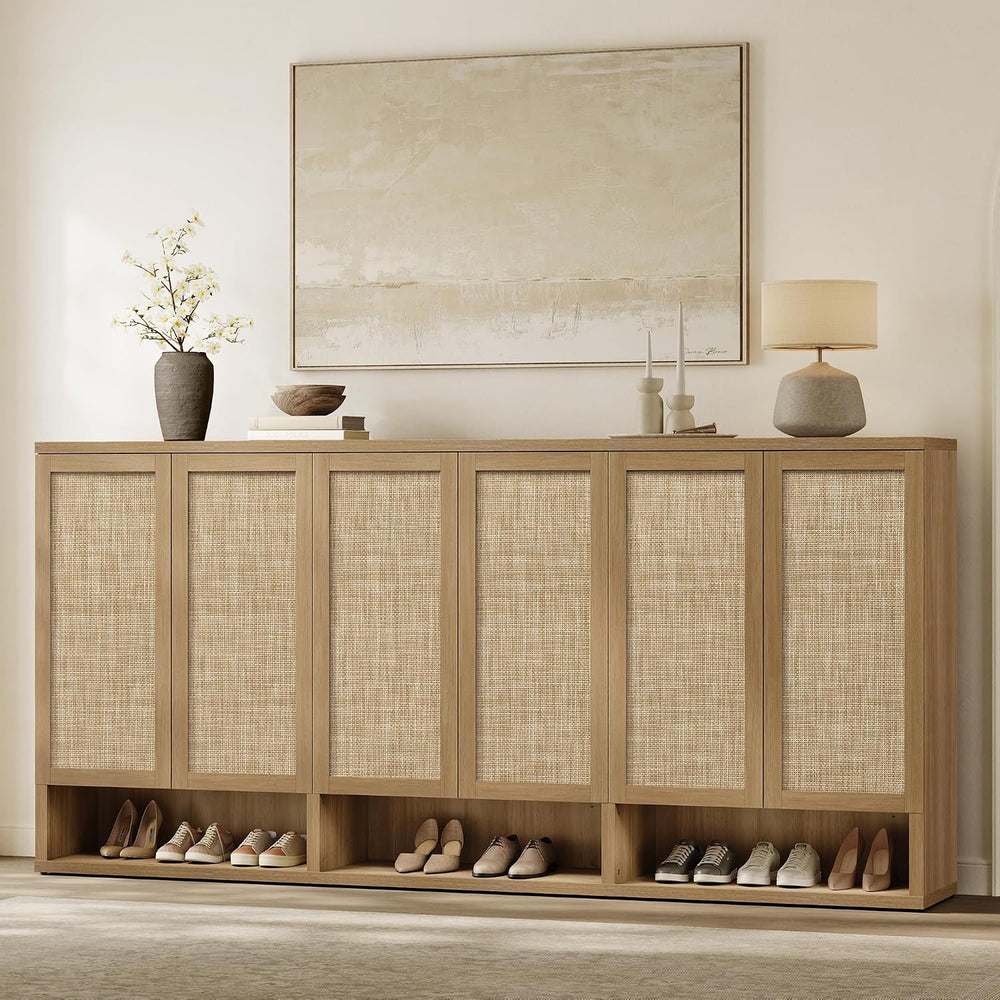 SICOTAS 31.2" Wide Rattan Shoe Storage Cabinet for Entryway with 2 Doors