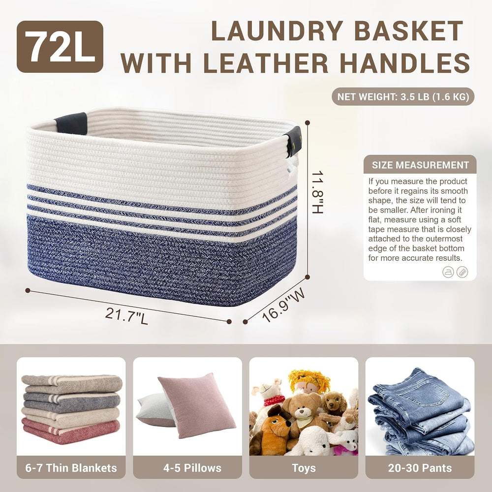 72L Woven Laundry Basket Hamper with Leather Handles,Denim Blue