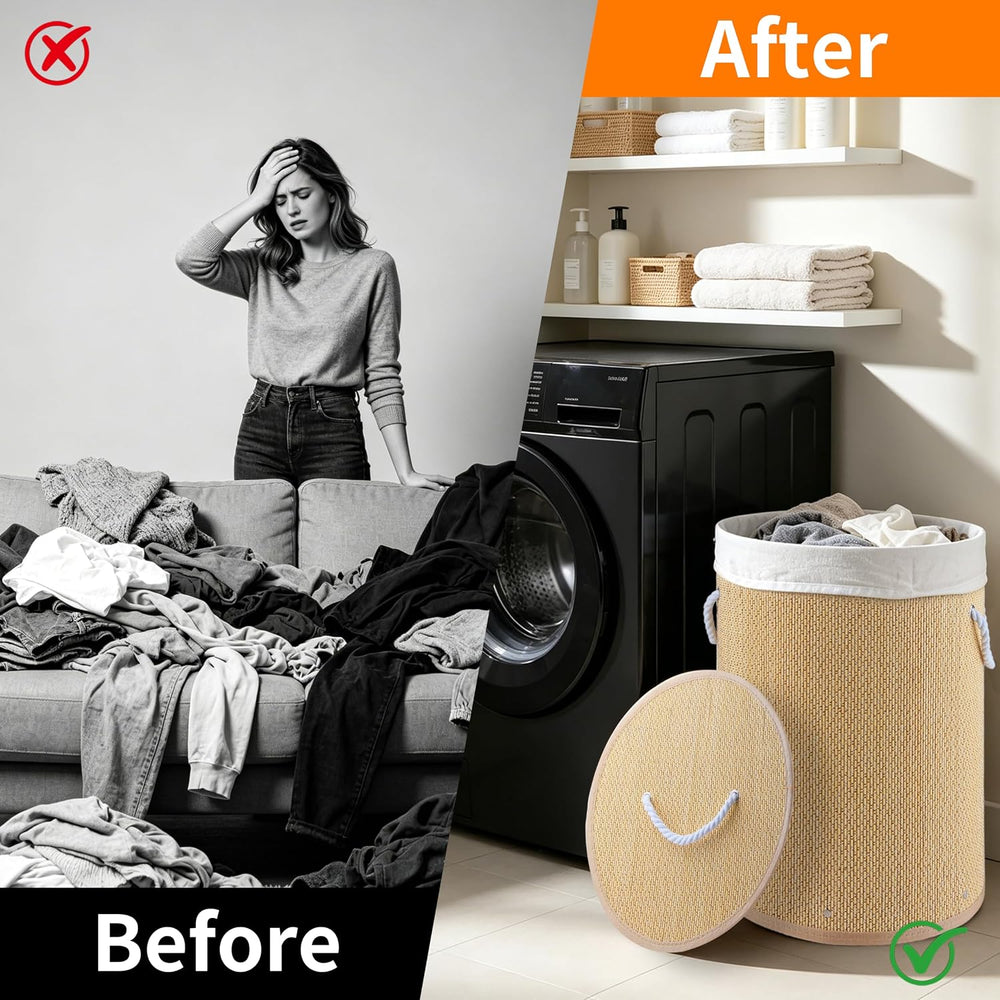 2 Pack Foldable Bamboo Laundry Hamper with Lid, Tall Storage Basket
