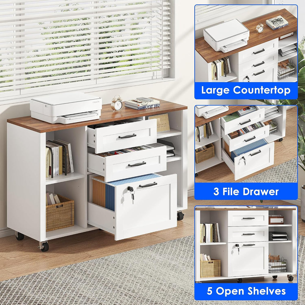 kepptory 3 Drawer Wood Mobile Large lateral File Cabinet with Lock, Lockable ...