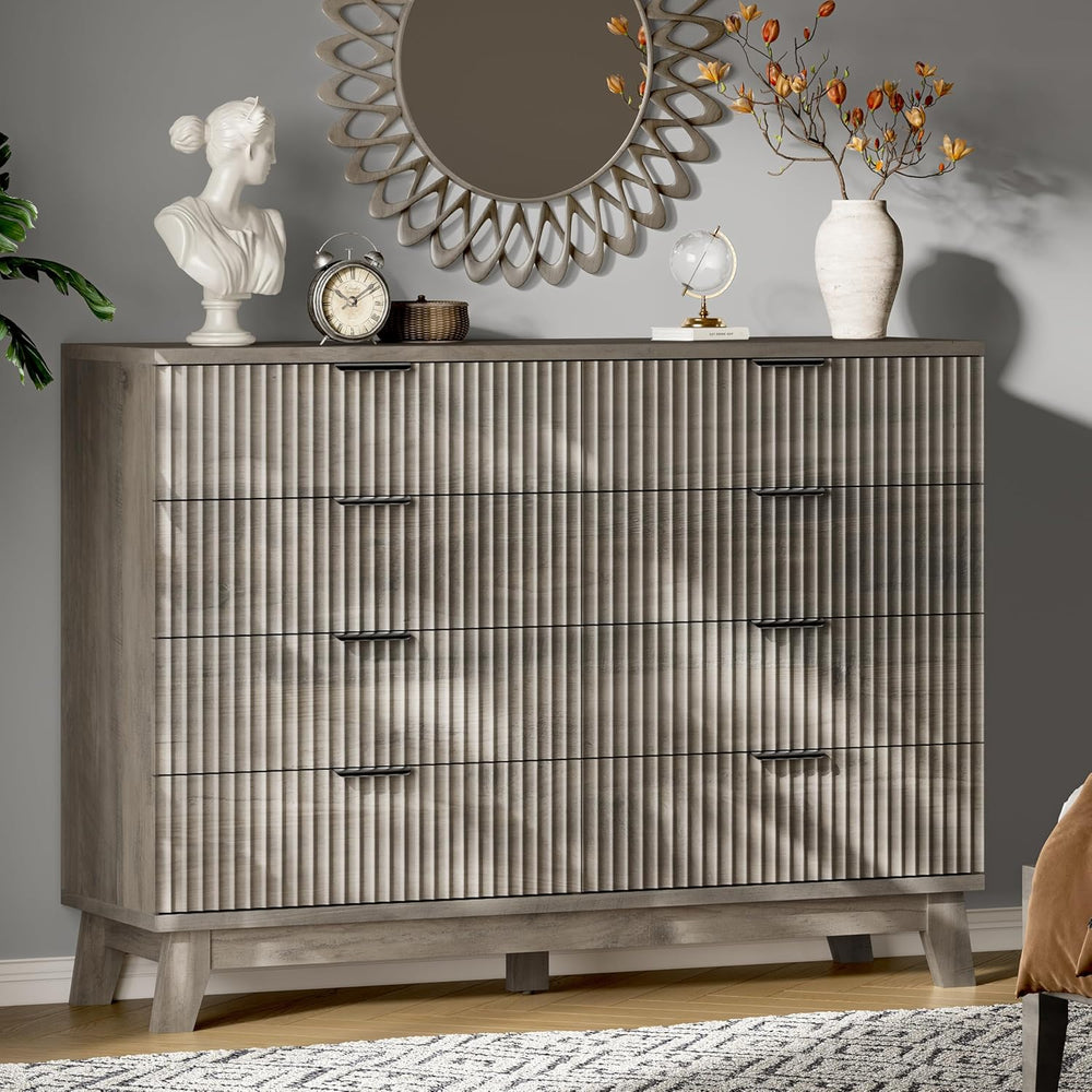 Fluted Dresser with 8 Drawers, Wooden Dresser TV Stand, Modern Closet Clothes