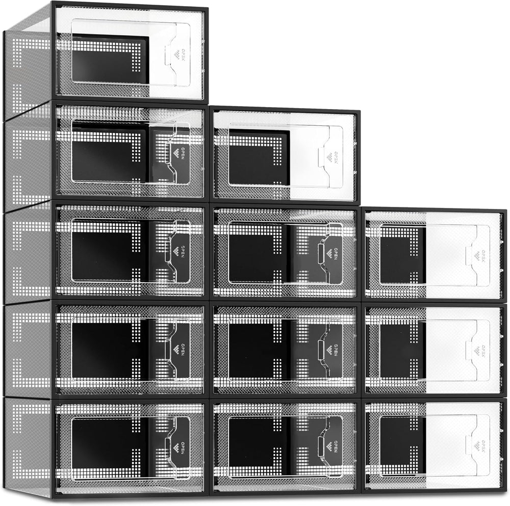 SEE SPRING X-Large Black Modern Plastic Shoe Box, 12 Pack, Clear Front Door, ...
