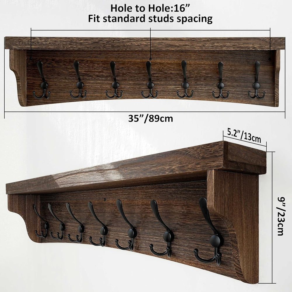 WEBI Rustic Coat Rack Wall Mount with Shelf,35" Long Wall Shelf with Hoo...
