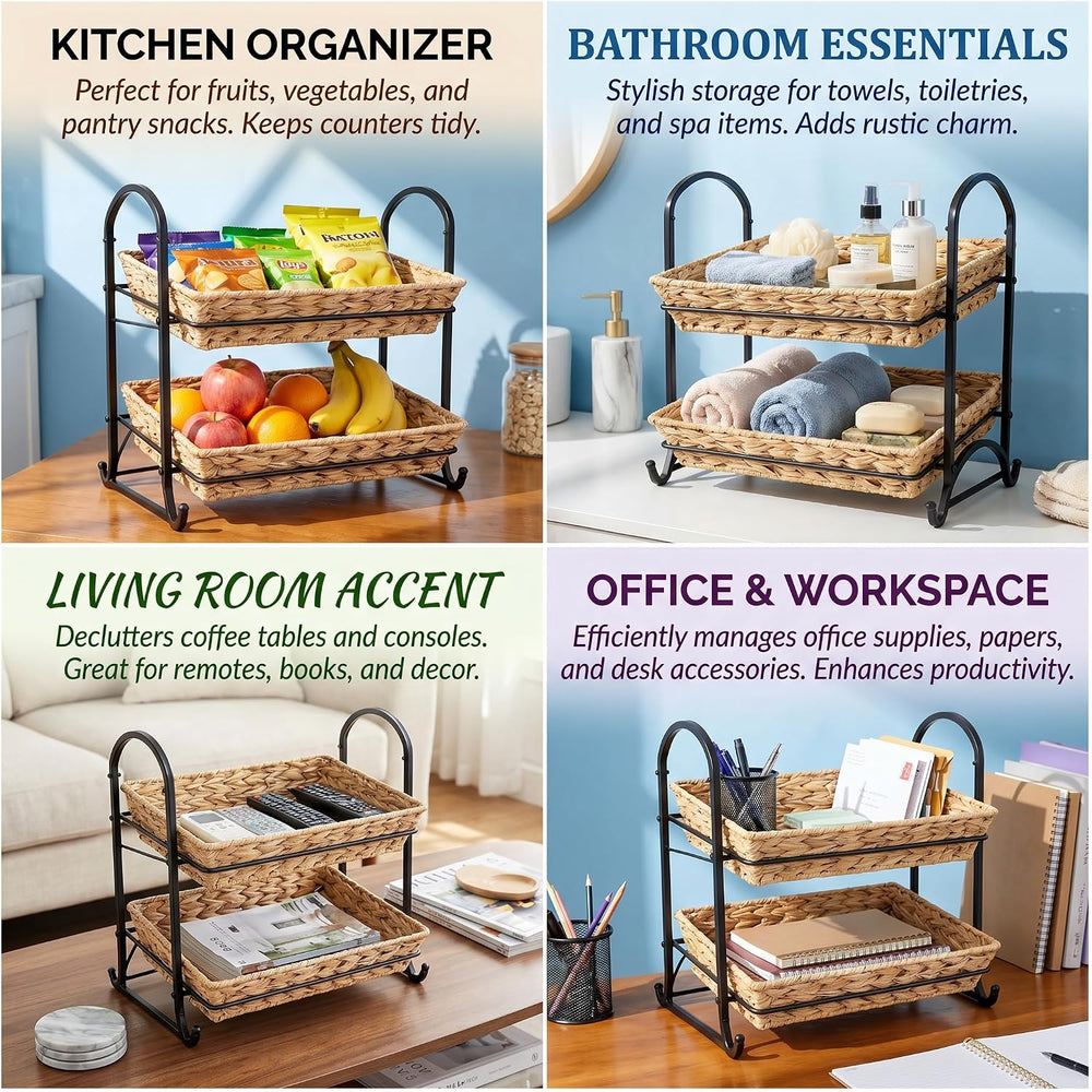 2-Tier Faux Rattan Wicker Storage Basket with Metal Frame, Countertop Organiz...