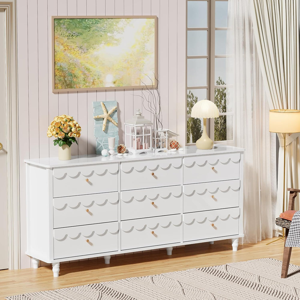Anbuy Scalloped Dresser for Bedroom White 9 Drawer Dresser, Long Scalloped Ch...