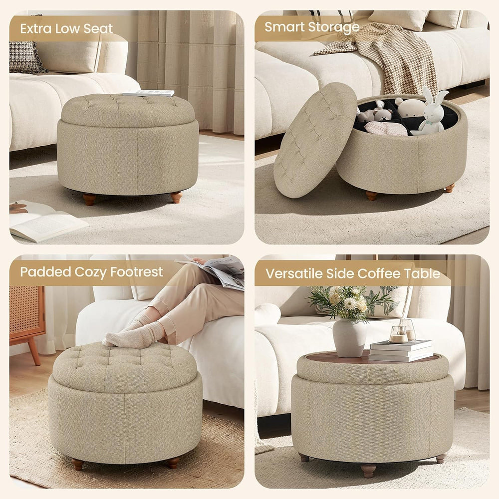 25" Round Ottoman with Storage, Small Coffee Table with Reversible Tray Lid