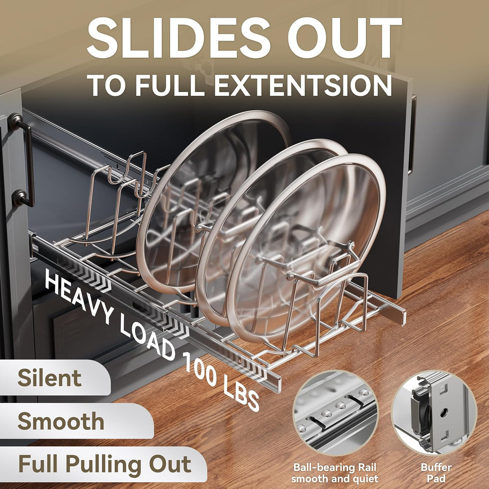 Slide Out Pot Lid Organizer Under Cabinet, Wire Dividers Kitchen Pull Out Pot...