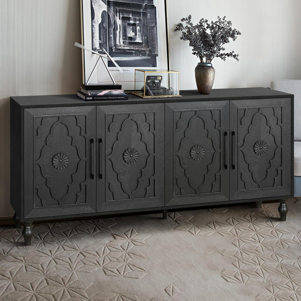 YOPTO Wood Storage Sideboard with Three Tempered Glass Doors and Adjustable S...