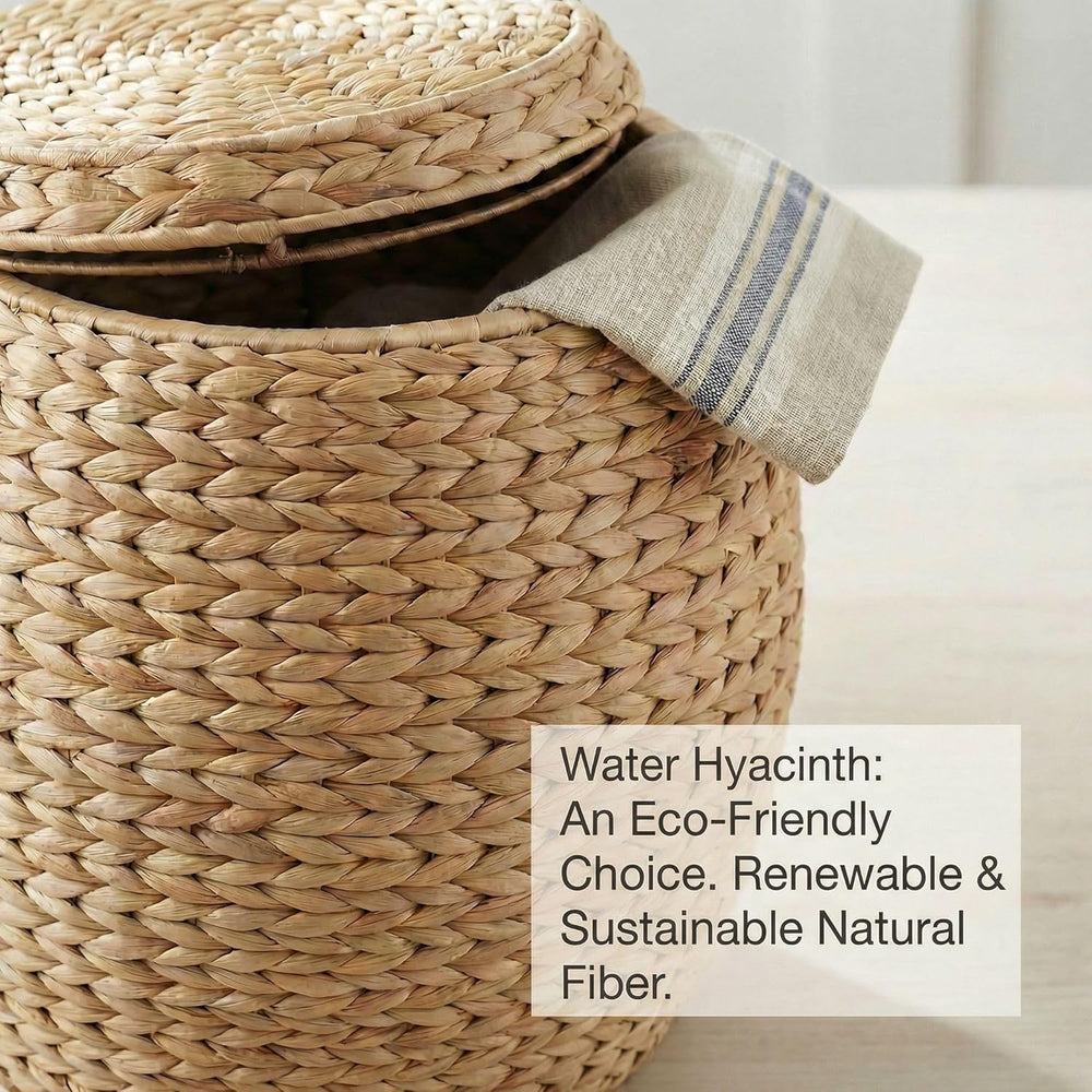 DEILSY™ Natural Round Water Hyacinth Storage Basket with Lid - Multipurpose W...